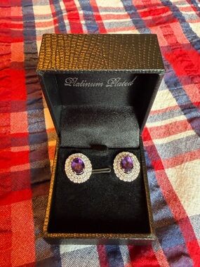 Gold Coast Platinum Plated Purple Oval Stud Earrings Halo New in Box